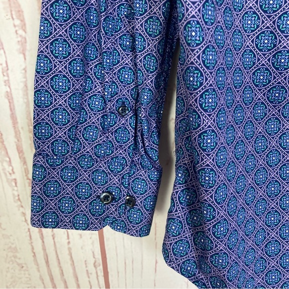 Tasso Elba Men's L Large 16 16 1/2 100% Cotton Blue Geometric Print Button Shirt - Picture 8 of 9